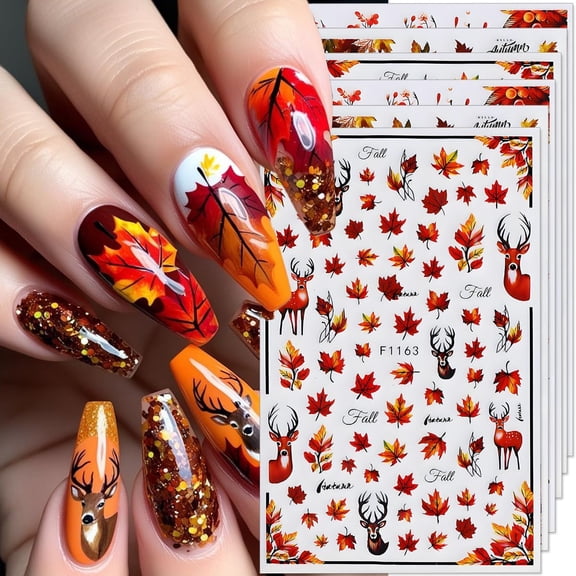 GEWIKK Fall Nail Art Stickers Autumn Maple Leaf Nail Decals 6Pcs Autumn Leaves Deer Design 3D Self-Adhesive Nail Art Decorations Supplies for Nails Women Thanksgiving Diy Manicure