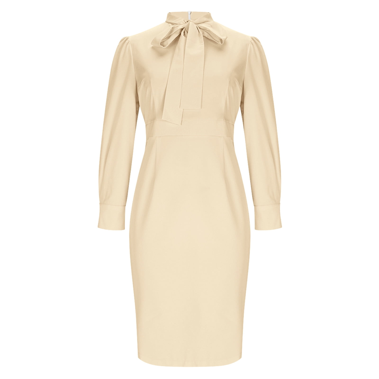 JGGSPWM Women's Elegant Business Dress Solid Color Long Sleeve Round Neck Casual Knee Length Bodycon Pencil Dress Beige L