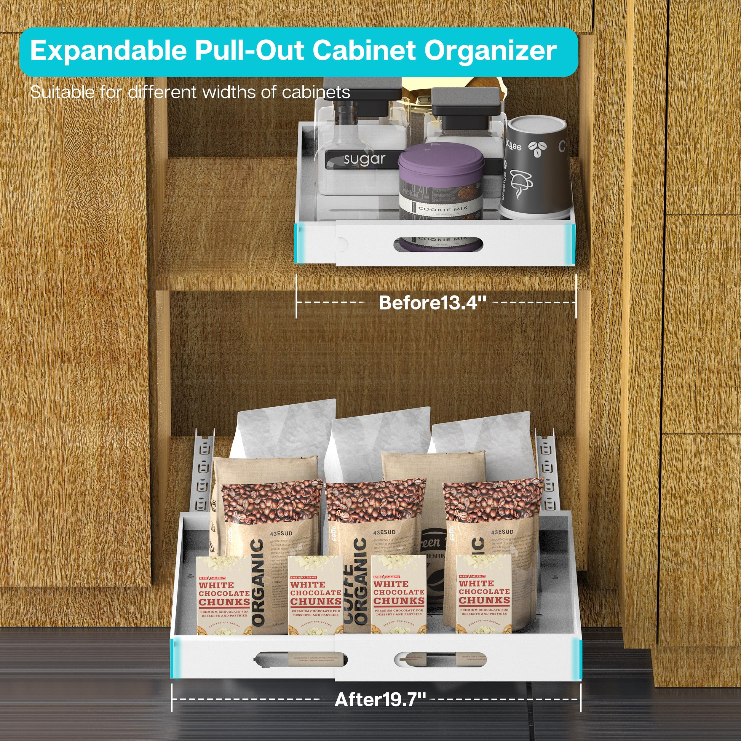 STORKING Expandable Pull Out Cabinet Organizer 21" Deep, White Adhesive Pull Out Drawers for Cabinets 12.6"W - 20.5"W, No Drill Expandablet Drawer for Kitchen, Pantry, Bathroom