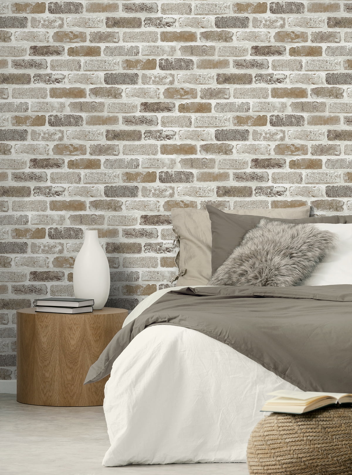 NextWall Tanned Leather & Pewter Washed Brick Peel and Stick Removable Wallpaper