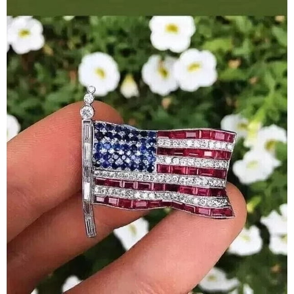 3Ct Lab Created Sapphire/Diamond American Flag Brooch Pin 14k White Gold Plated 925 Sterling Silver