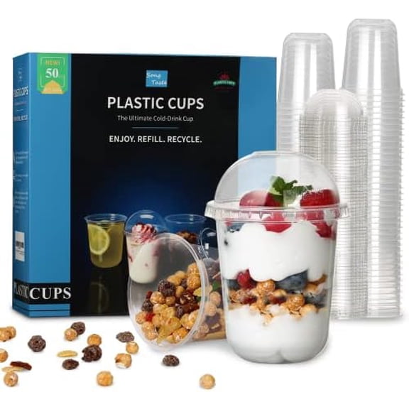 50 Pcs Disposable Plastic Cups,12 Oz Clear Plastic Parfait Cups with Dome Lids and No Hole,Dessert Yogurt Fruit Holders for Kids,Take Away Breakfast and Snacks,Cold Drinks,Ice Cream,Fruit