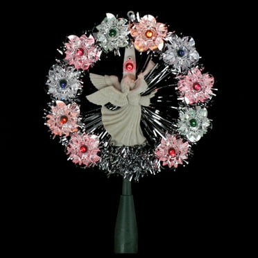 Northlight 7.5" Pre-Lit Silver Tinsel Wreath with Angel Christmas Tree Topper - Multi Lights