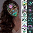 thumbnail image 1 of Pegatinas luminosas para tatuajes temporales de Halloween, 4 hojas que brillan en la oscuridad, pegatinas para la cara de calavera de azúcar, coloridas para adultos, niños, día de los muertos, pesadi, 1 of 5