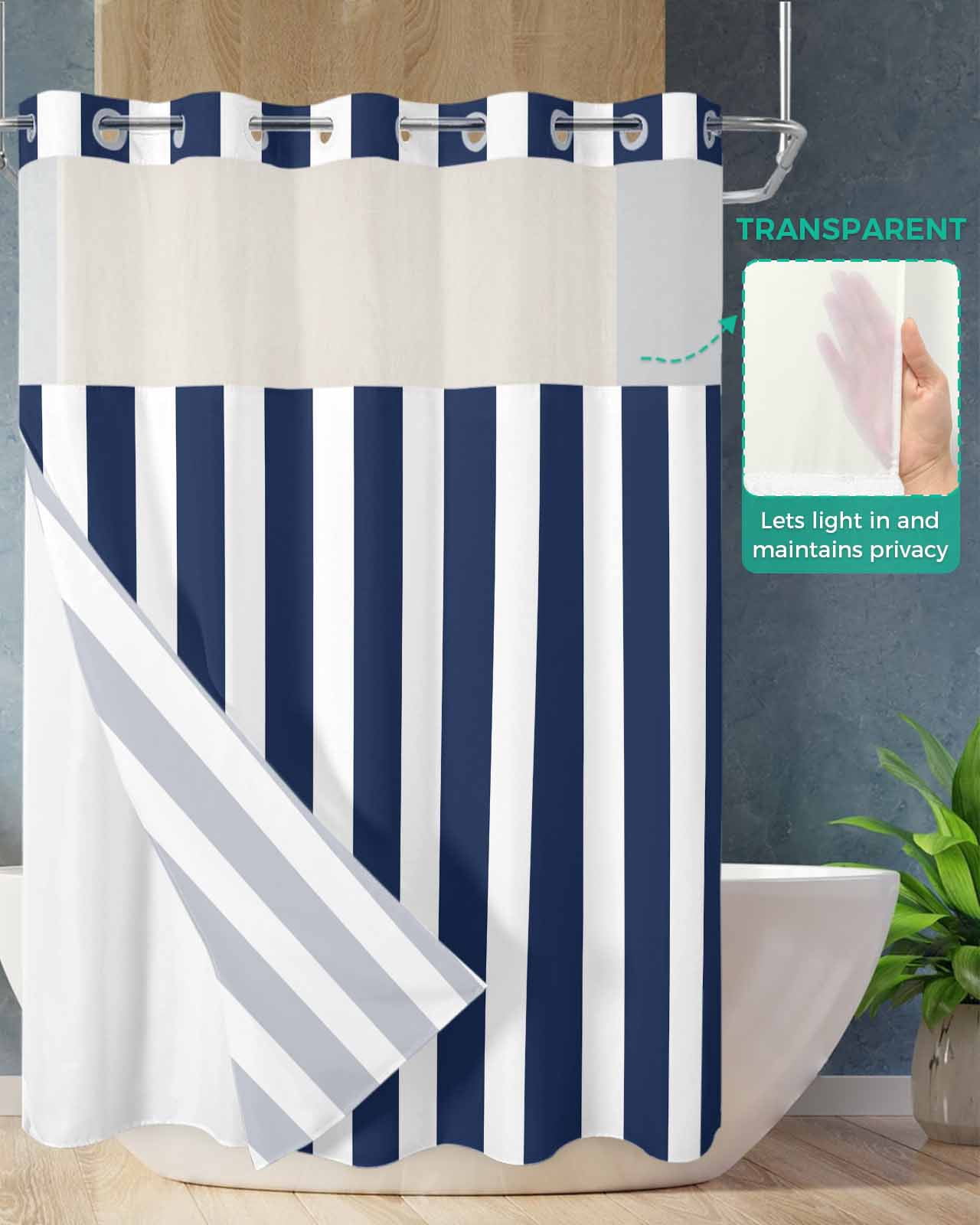 No Hook Shower Curtain with Snap in Liner, Navy Blue and White Striped Geometric Hotel Shower Curtains for Bathroom, Washable Shower Curtain Liner Set with Mesh Top Window, 72"x96"