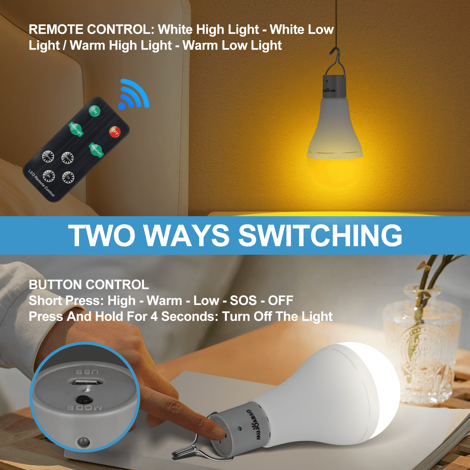 DABAOLUM 9W Solar Light Rechargeable Bulbs with Remote Timer, USB Rechargeable Emergency Light Bulb Chicken Coop Light 1800mAh 5 Lighting Modes-1pcs