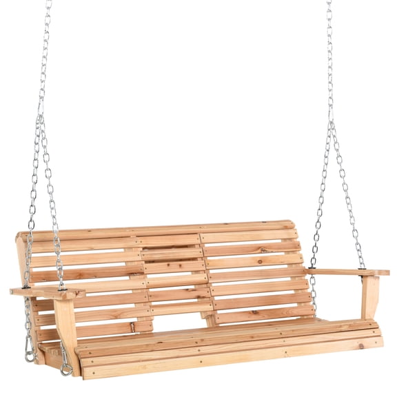 Miekor Furniture 3-Seater Wooden Porch Swing, Patio Swing Bench with Folding Coffee Table, Cup Holders and Chains Included, 440lbs Weight Capacity, Natural 21354