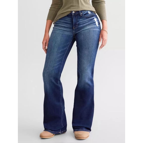 Women's Mid Rise Flare Jeans Distressed Ripped Stretch Dark Wash Bootcut for Casual Dark Blue