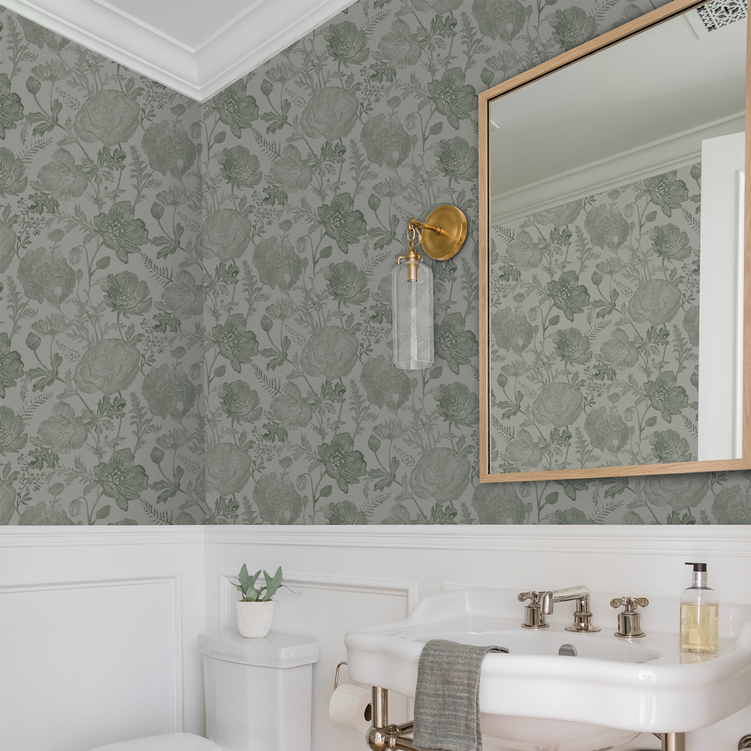 Tempaper x Pure Salt Textured Moss Green Poppies Removable Peel and Stick Floral Wallpaper, 20.5 in X 16.5 ft