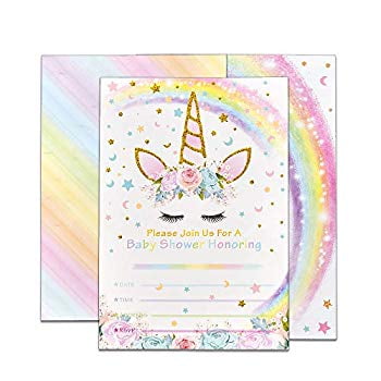 magical rainbow unicorn baby shower party invitations with
