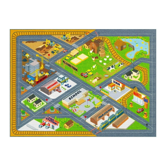 KC Cubs Playtime Collection Country Farm Road Map with Construction Site Area Rug Educational Learning & Game Area Rug Carpet for Kids and Children Bedrooms and Playroom