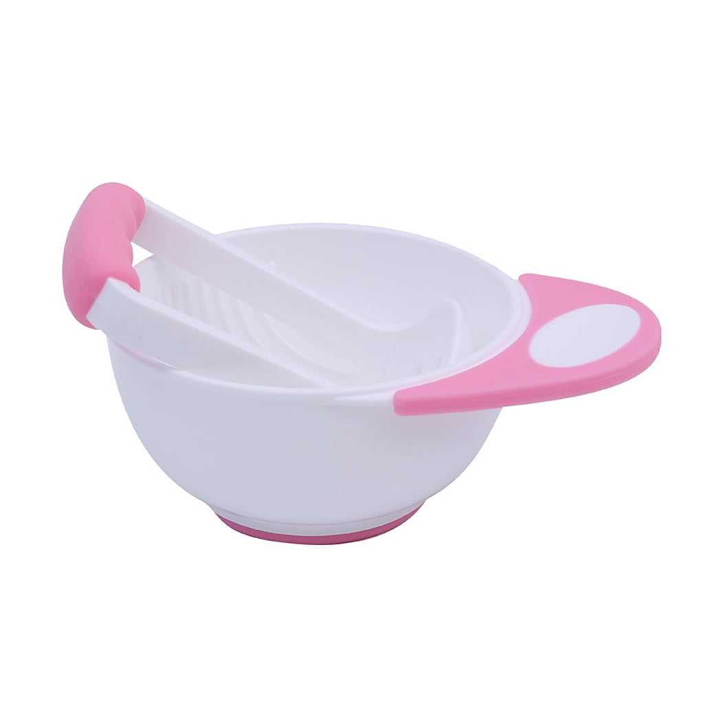 Baby Grinding Bowl Manual Kids Feeding Bowl Vegetable Fruit Infant Food Masher Set, Pink White