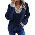 thumbnail image 1 of Comdrip Women's Pullover Sweatshirt Women's Casual V Neck Regular Tops Contrast Ribbed Loose Fit Long Sleeve Top Home Street Holiday Patchwork Buttons Sweatshirt Sweatshirt Woman, Navy S, 1 of 5