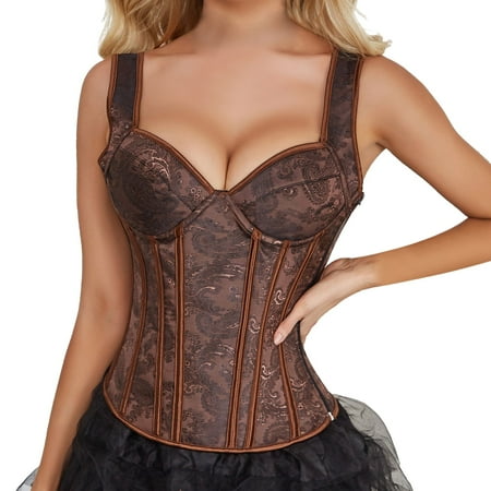 WNVMWI Women s Gothic Jacquard Shoulder Straps Tank Overbust Corset Bustiers Boned Bustier Corset Lace Up Lingerie Bodyshaper Coffee