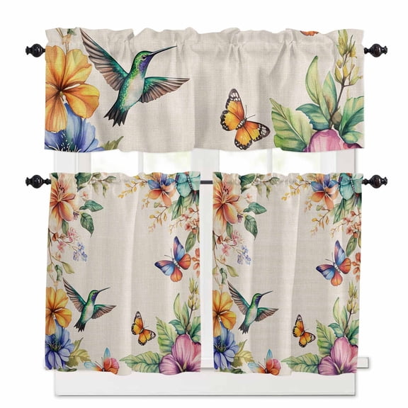 Spring Flowers Bird Kitchen Curtains Valances and Tiers Set of 3 Hummingbird Butterfly Tier Curtains and Valance for Kitchen Bathroom Small Windows 27.5"W x 36"L (Pack of 3)