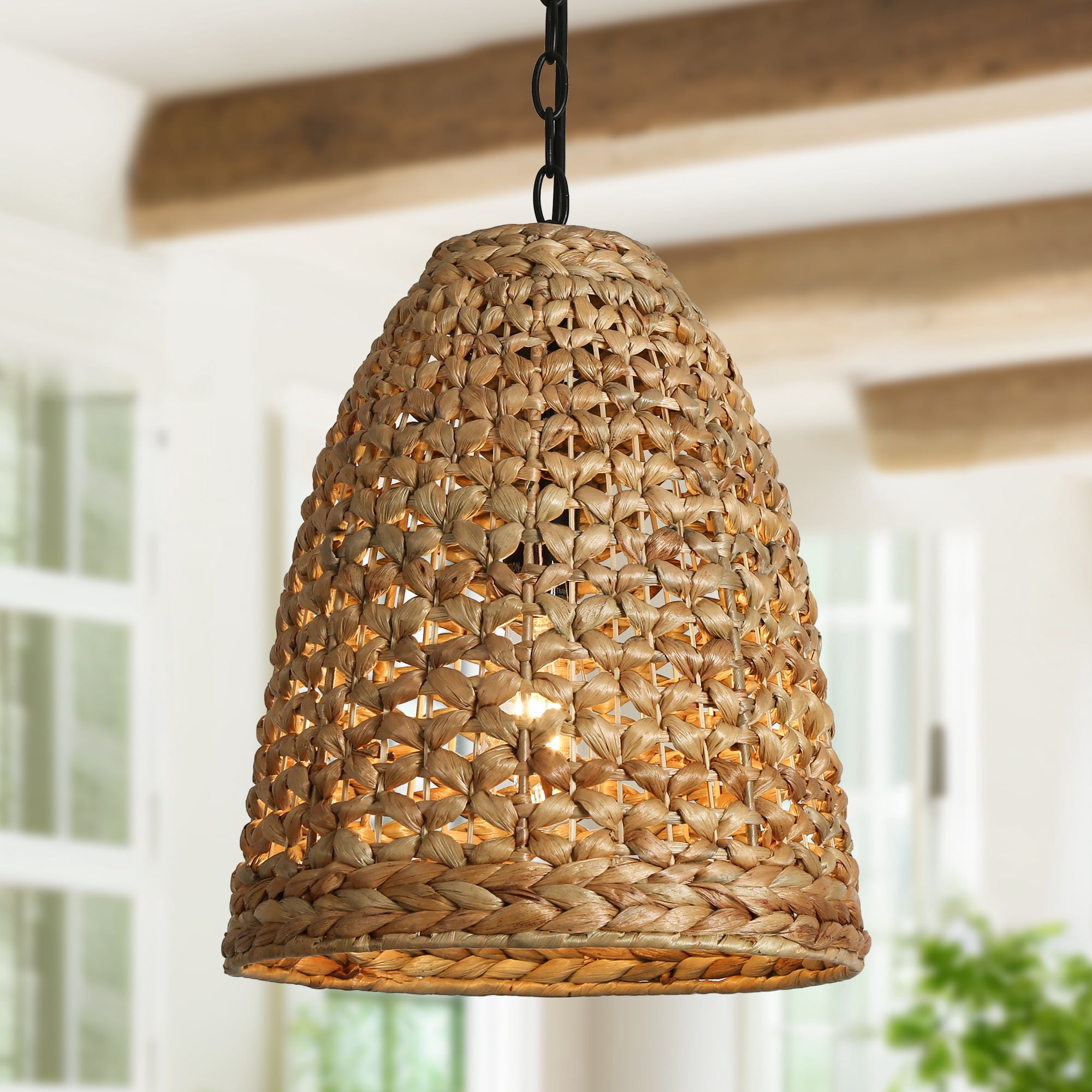 LNC Holophankton Black with Natural Brown Rattan Modern Bell Hanging Kitchen Island Light