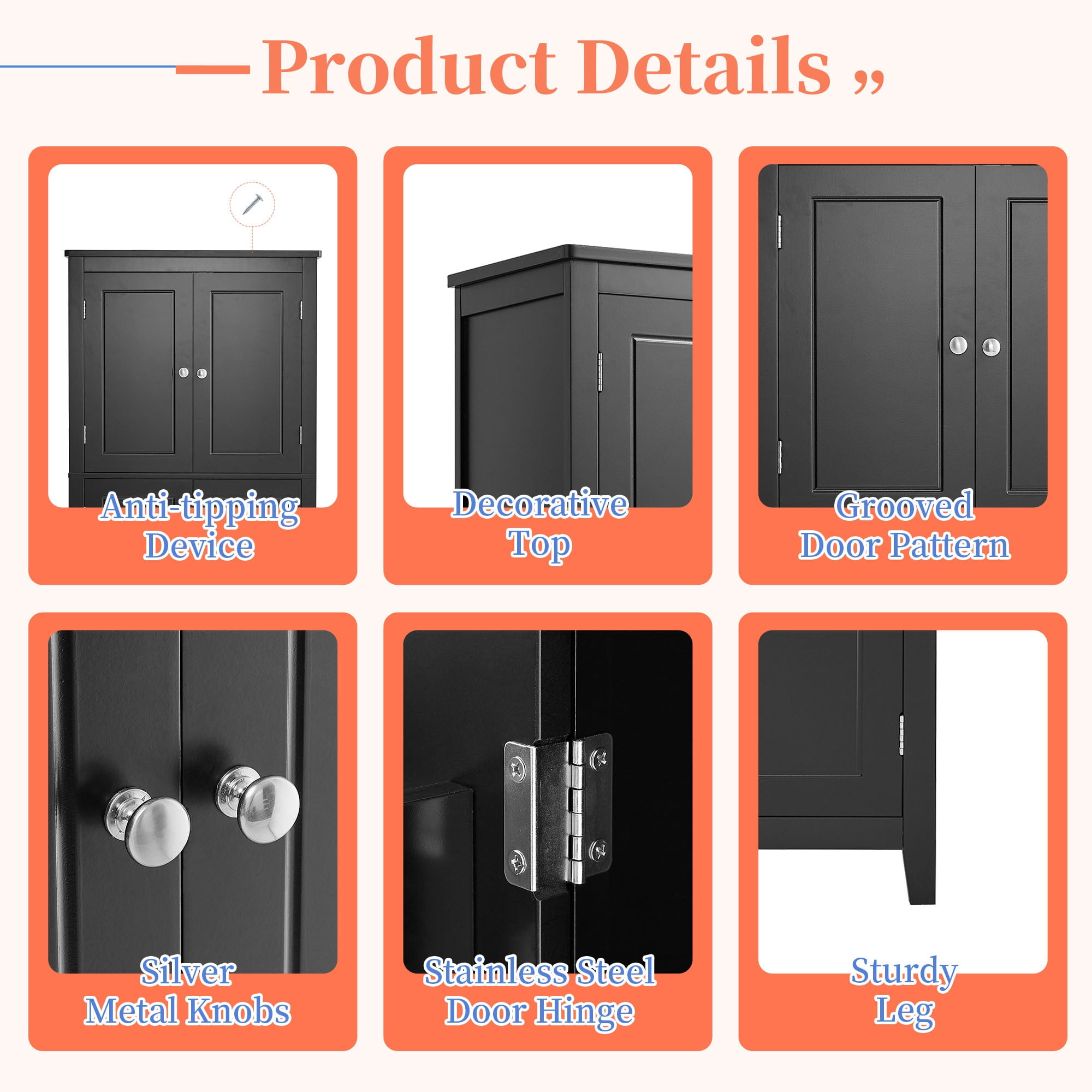 Alvantor Bathroom Cabinet with Adjustable Shelf, Freestanding Wooden Storage Cabinet for Living Room Black