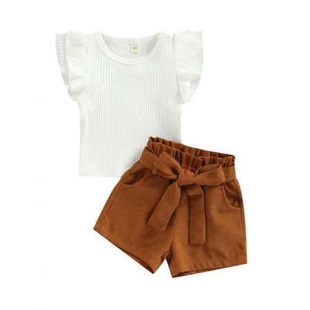 

Nokpsedcb Toddler Baby Girls Casual Streetwear 2PCS Suit Ruffled Fly Sleeve Solid Color Tops Short Pants with Belt White 2-3 Years