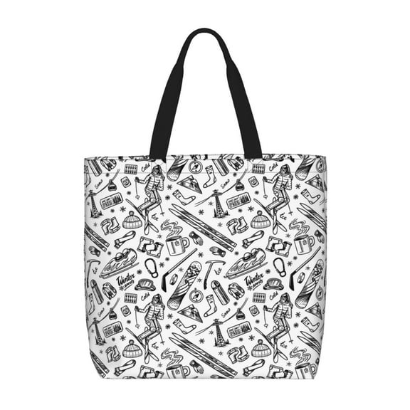 KLL winter Ski Element Pattern Aesthetic Tote Bag for Women Beach Bag Shopping Bags Shoulder Bag Reusable Grocery Bags