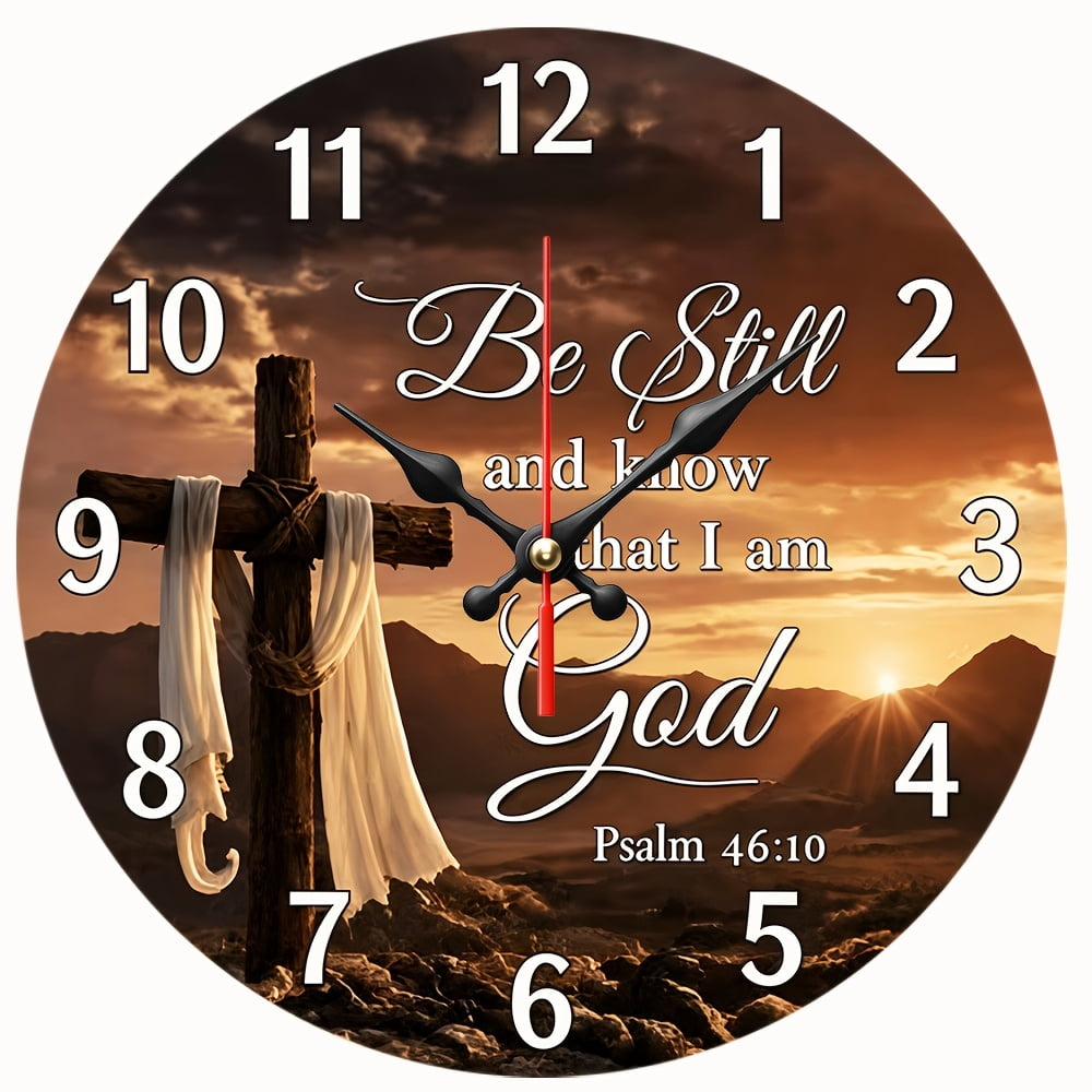 2D Flat Wooden Wall Clock,Be Still and Know that I am God Cross Wall Clock, Silent Non‑Ticking Round Wall Clock, Religious Bible Verse Art Decor Clock,AA Battery Not Included