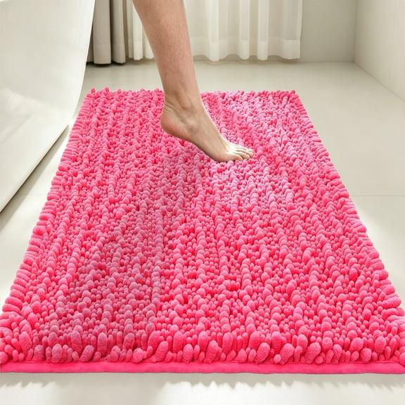 MudFree Bath Mat for Tub Non Slip 31x20 Inch, Super Absorbent Chenille Bathroom Rugs Door Mat, Quick Dry Washable Floor Carpet for Tub Shower,Rose Pink