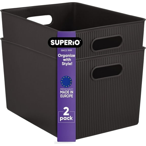 Superio Ribbed Plastic Storage Basket Organizer (2 Pack), 22 Liter Classic Closet Storage Bin for Shelf, Desk, Pantry – Store Toys, Clothes, Cosmetics, Stationary – Brown