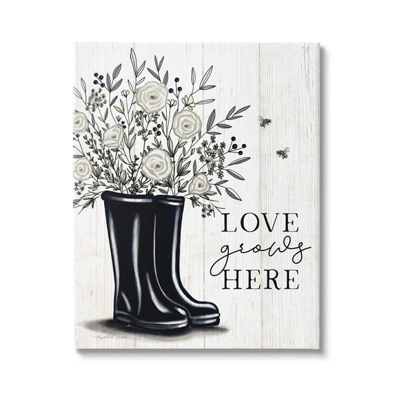 Stupell Industries Love Grows Here White Roses Black Rainboots Sign,16 x 20, Design by Elizabeth Tyndall