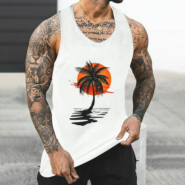 Tanks for Men, Mens Tank Colorless Gradient Printing Round Neck Thin Strap Leakage Back Regular Casual Sports Tank Blouses