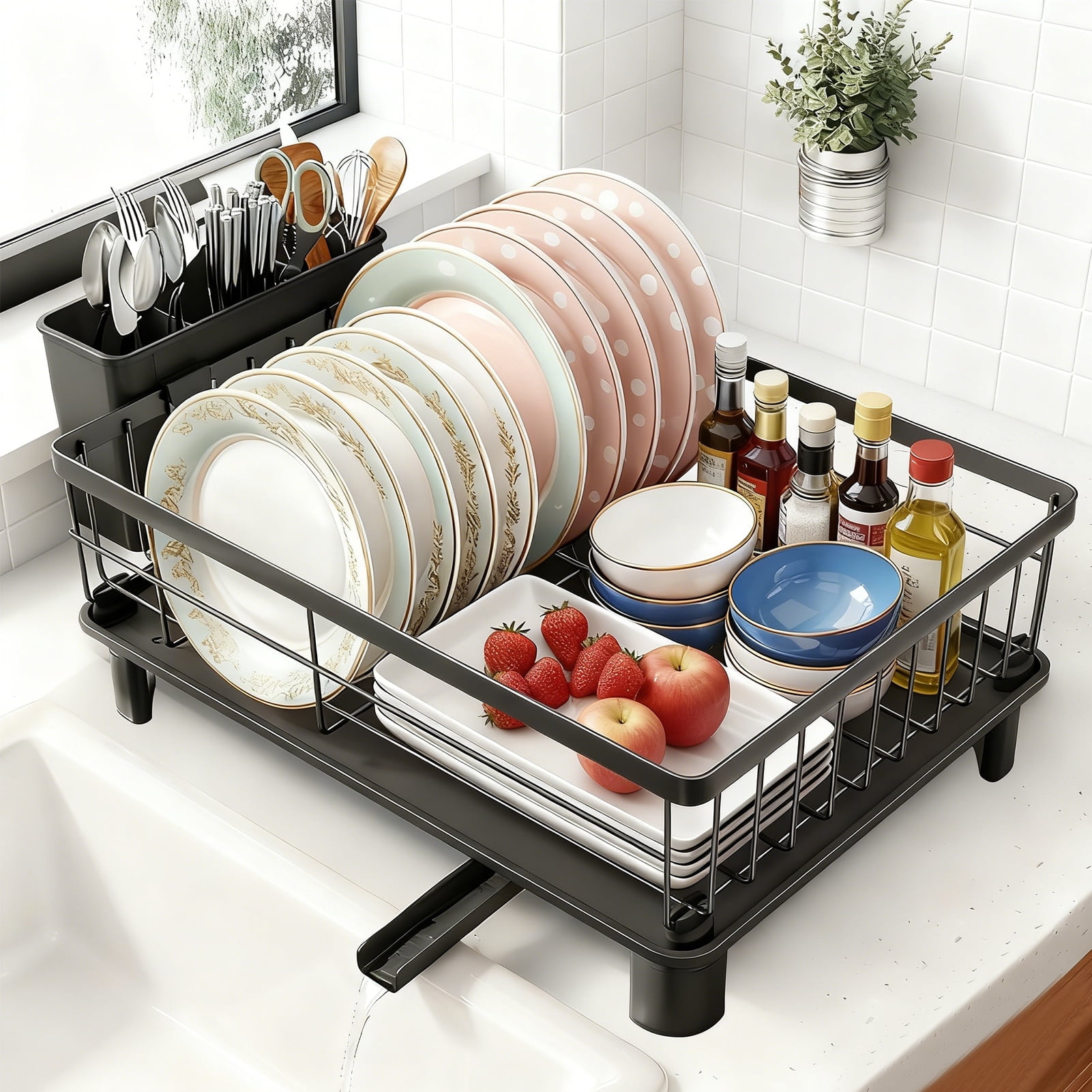 Godance Dish Drying Rack for Kitchen Counter, Stainless Steel Sink Organization and Storage with Cutlery Holder, Anti-Rust Drainage System, Apartment Essentials (Black, 14.9"L x 11"W)