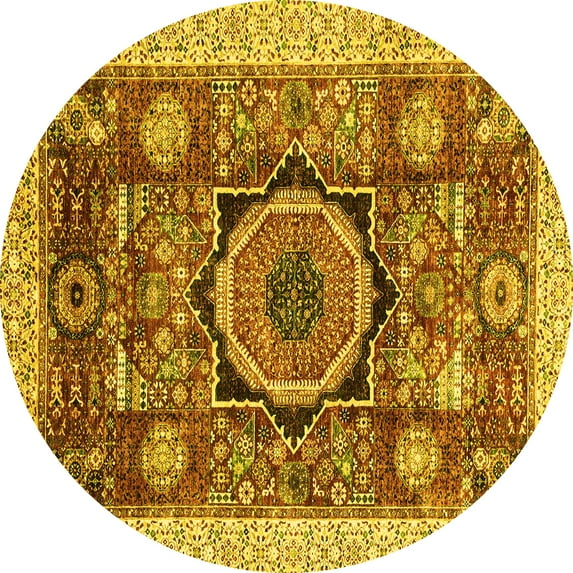 Ahgly Company Machine Washable Indoor Round Abstract Yellow Modern Area Rugs, 6' Round