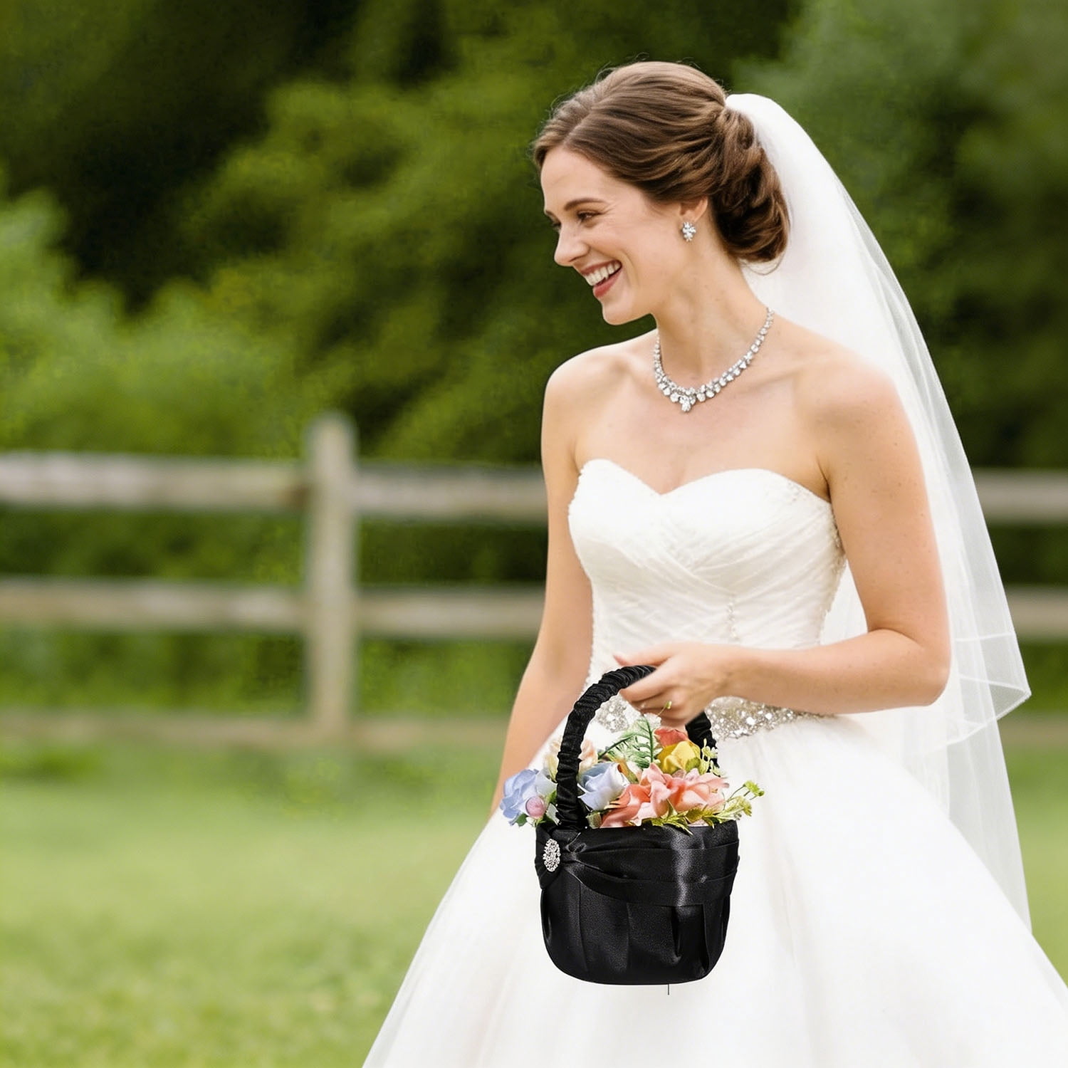 Wedding Black Flower Basket Gothic Flower Basket for Wedding Ceremony Satin Rhinestone with Handle for Petals Confetti Banquet Home Decoration Western Party (Snowflake)