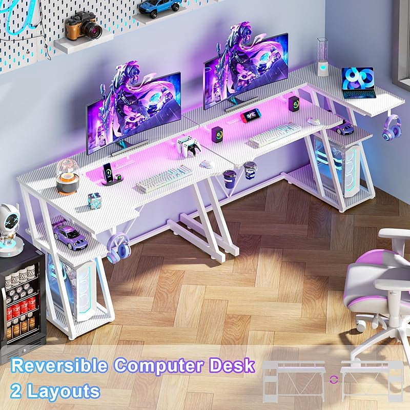 40 Inch Gaming Desk with Power Outlet & LED Lights, L Shaped Computer Gaming Table with 3 Tiers Storage Shelves, Corner Gamer Desk with Monitor Stand for Small Space,