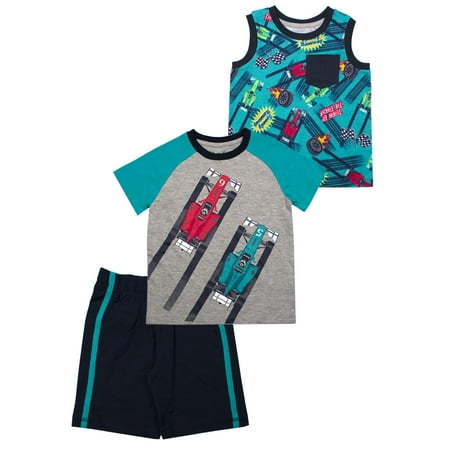 Race Cars Button Down, Graphic Tee, and Shorts, 3pc Outfit Set (Baby Boys)