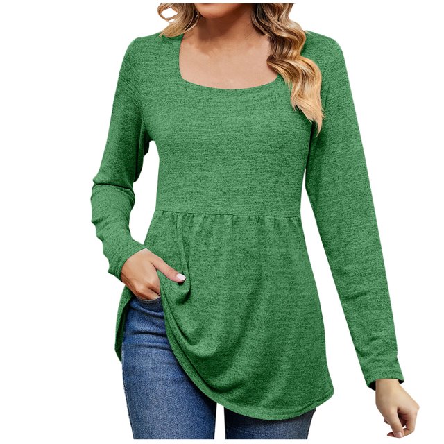 Timegard Hauts à Manches Longues pour Femmes Col Carré Blouse Froncée Automne Tunique Décontractée Confortable