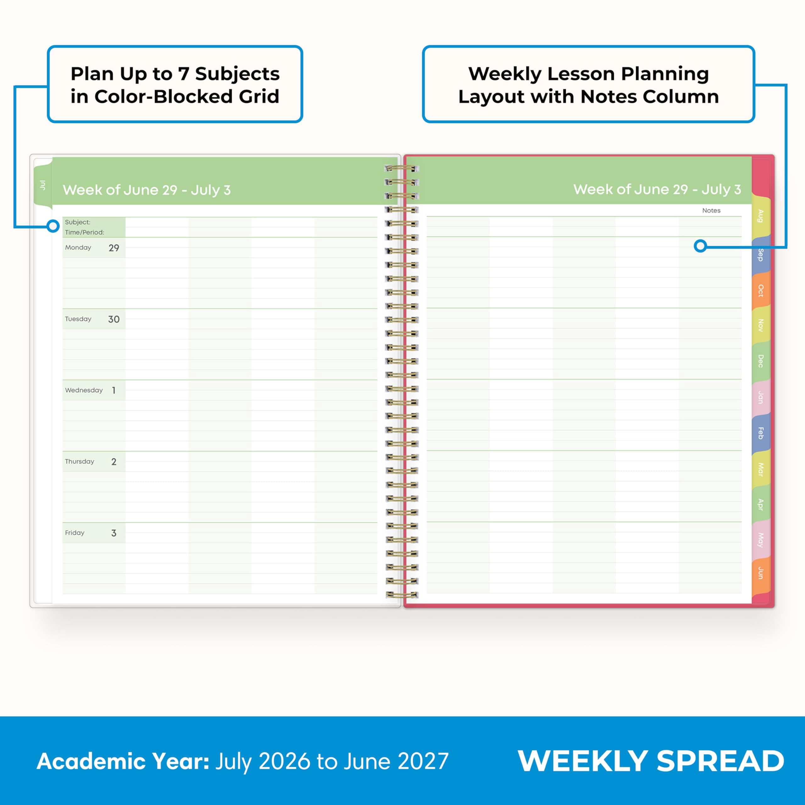 Blue Sky Teachwell 2026-2027 Weekly and Monthly Academic Year Teacher Lesson Planner Calendar, July 2026 - June 2027, 8.5" x 11",Colorful Interior, Storage Pocket, Stickers, Meilani