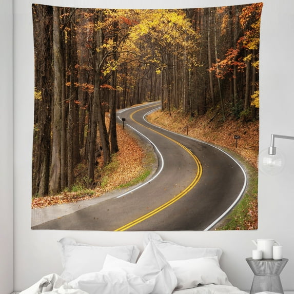 Fall Tapestry, Curvy Roadway Through the Forest Smokey Mountains Change of Seasons Traveling, Fabric Wall Hanging Decor for Bedroom Living Room Dorm, 5 Sizes, Multicolor, by Ambesonne