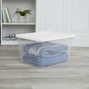 Sterilite 20 Quart Small Storage Bin, Clear Plastic Storage Container with Snap-On Lid, White