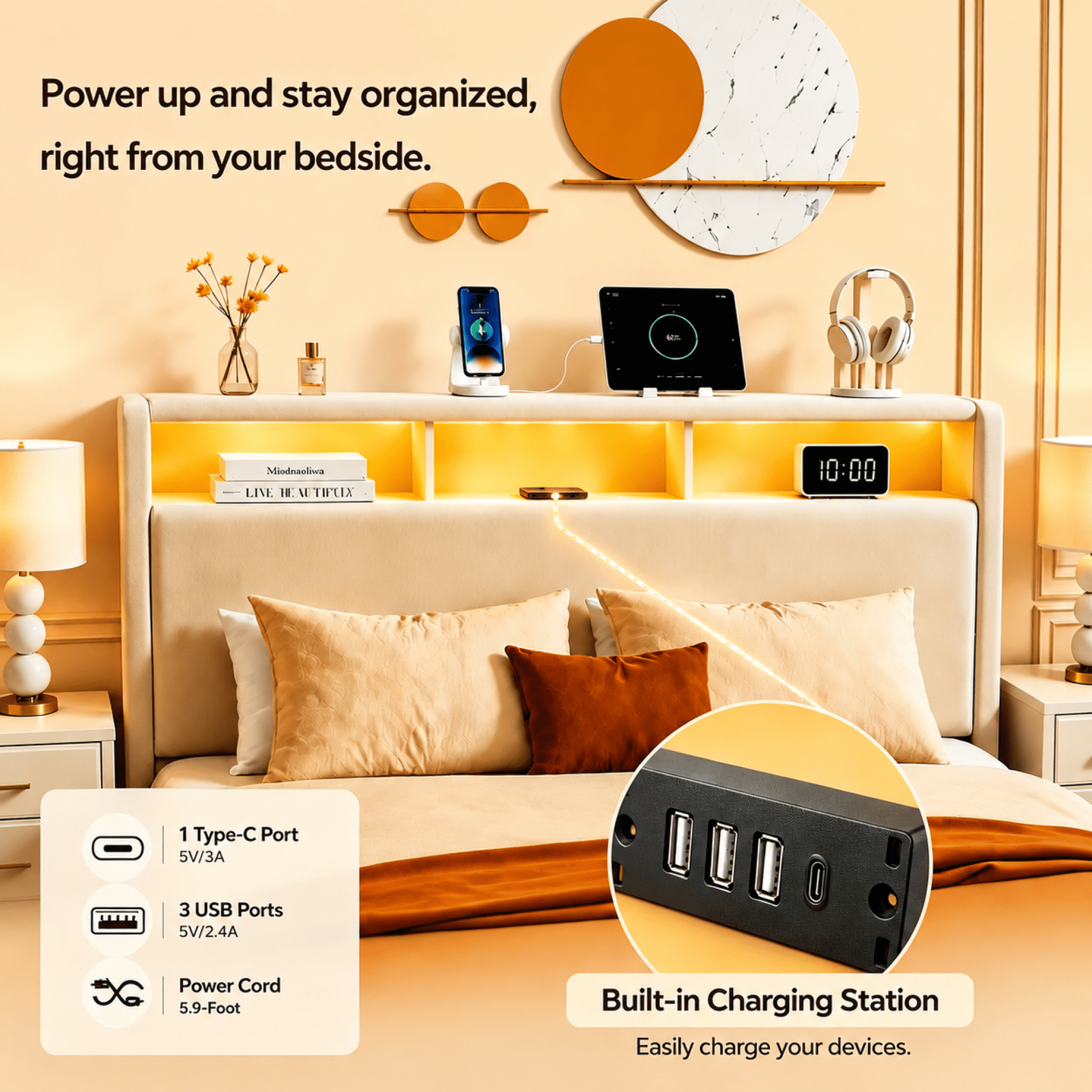 Leumius Queen Size Bed Frame,Upholstered Platform Bed Frame with LED & Charging Station,Drawers and Storage Headboard,Noise-Free, No Box Spring Needed,Beige(Queen)