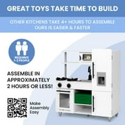 Delta Children Deluxe Modern Kitchen - Wooden Toy Kitchen Playset with Realistic Knobs that Turn/Click, Oven, Sink and Fridge/Freezer with Ice Maker, White