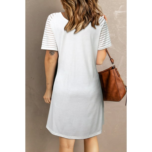 ABPHQTO Vestido de mujer blanco PEACE & LOVE con mangas a rayas transparentes