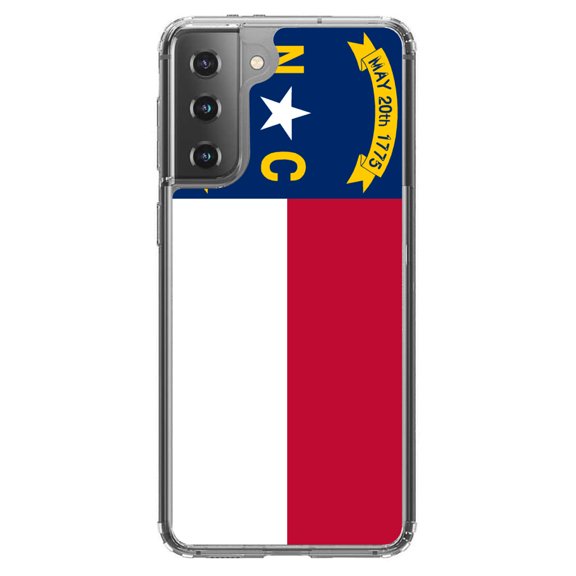 DistinctInk Clear Shockproof Hybrid Case for Galaxy S21 5G (6.2" Screen) - TPU Bumper, Acrylic Back, Tempered Glass Screen Protector - North Carolina State Flag - US State Flag