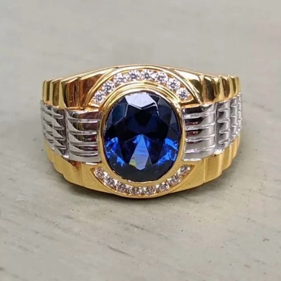 2Ct Oval Cut Simulated Blue Sapphire & Diamond Engagement Men's Ring 14K Two Tone Gold Plated 925 Sterling Silver For Him