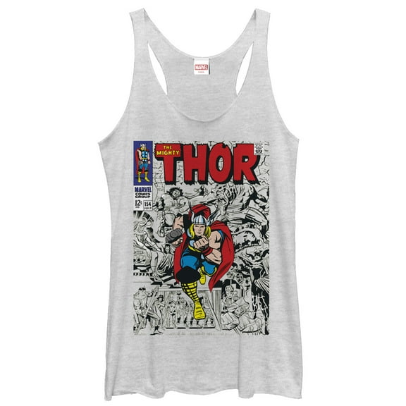 Women's Marvel Mighty Thor Comic Book Cover Print  Racerback Tank Top White Heather X Large