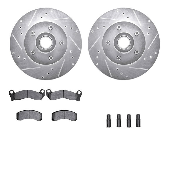 Dynamic Friction Company Front Brake Rotors-Drilled and Slotted-Silver with Heavy Duty Brake Pads includes Hardware 7212-56019