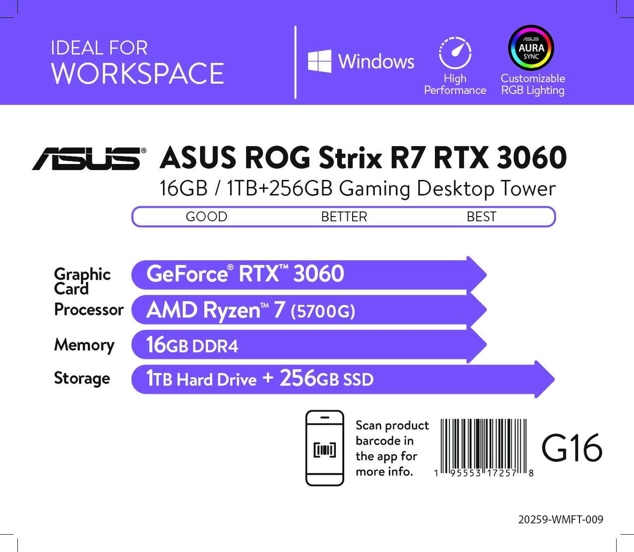 ASUS ROG Strix Gaming Desktops, AMD Ryzen 7 5700G, 16GB RAM, NVIDIA GeForce  RTX 3060 12GB, 1TB HD & 256GB SSD, Windows 10, Gray, G10DK-WB764
