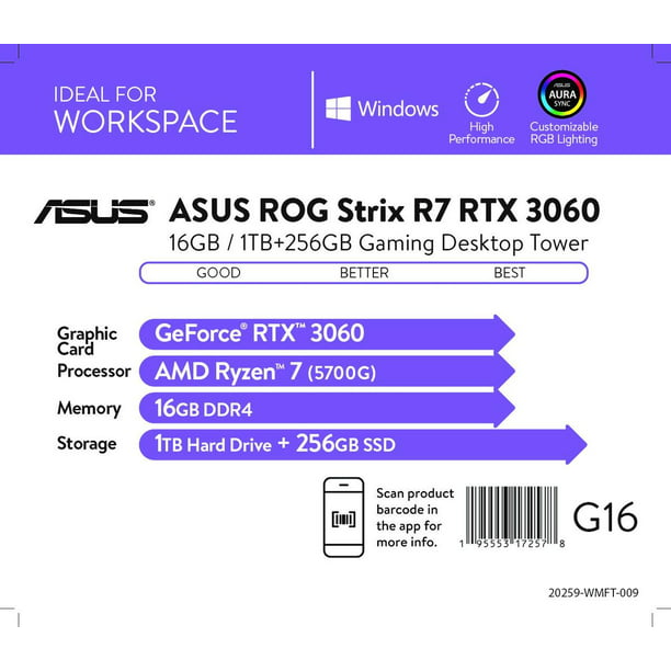 ASUS ROG Strix Gaming Desktops, AMD Ryzen 7 5700G, 16GB RAM, NVIDIA GeForce RTX 3060 12GB, & 256GB SSD, Windows 10, Gray, G10DK-WB764 - Walmart.com