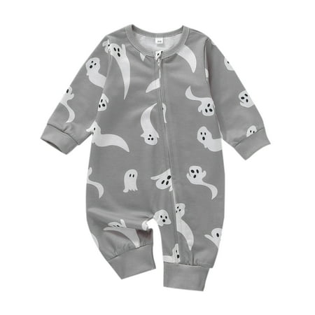 

jaweiwi Infant Girls Boys Halloween Romper Grey Boo Print Long Sleeve Zip Up Round Neck Jumpsuit for Babies Size 0 6 12 18 24 Months