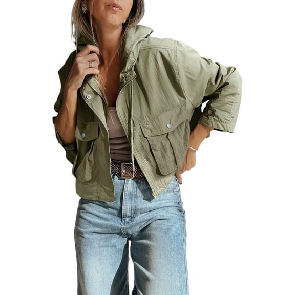 Women's Laurel Green Zipped Pocket Cropped Hooded Utility Jacket for Casual Fall Outings - [ZhiHiMeRi] | L