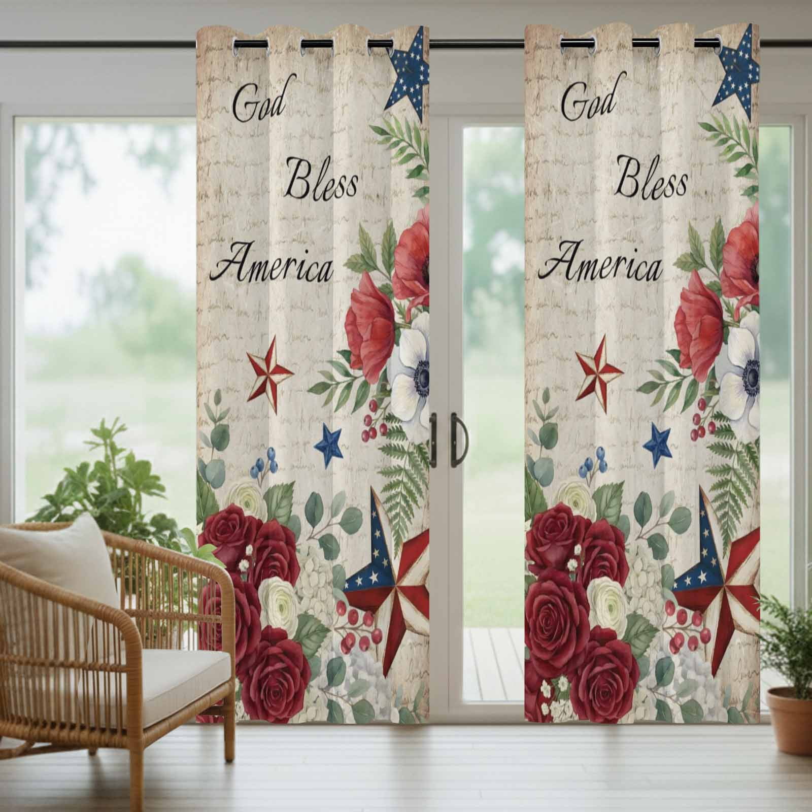 4th of July Outdoor Curtains for Patio, God Bless America Stars Red Flowers Leaf Vintage Sunshade Privacy Drapes Grommet Waterproof Outside Curtains for Porch/Cabana/Balcony 54"x 108", 1 Panel