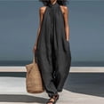 thumbnail image 2 of JULMCOMO Cotton Linen Jumpsuits for Women Collared Sleeveless Loose Fit Overalls Halter Eyelet Detail Casual Harem Pants with Pockets Black XL, 2 of 4